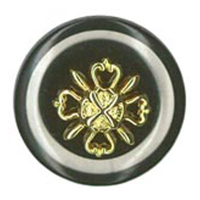 22938 Sullivans 15mm Round Plastic Shank Button - Black With Gold Emblem And Clear Border - 24 In A Tube