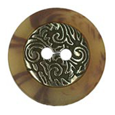 23387 Sullivans 16mm Round Metal Button 2 Hole With Filigree Pattern Surrounded By Amber Border - Silver -