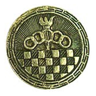 23612 Sullivans 19mm Round Metal Shank Button With Olympic Rings And Torch - Old Gold - 25 In A Tube