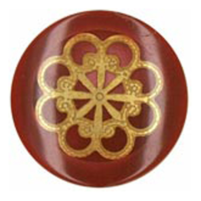 23773 Sullivans 15mm Round Plastic Shank Button With Gold Flower Pattern - Maroon - 21 In A Tube