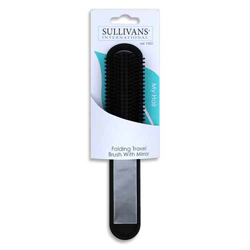 47807 Sullivans Folding Travel Hair Brush With Mirror - Black