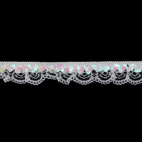 60798 Lace Stretch Frilled Plus Sequins - 26mm White