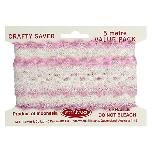 61206 Crafty Saver 35mm Picot Eyelet Lace - 5m - White/pink