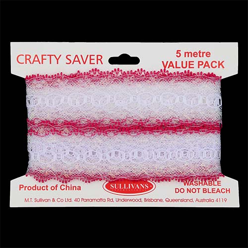 61213 Crafty Saver 35mm Picot Eyelet Lace - 5m - White/hot Pink