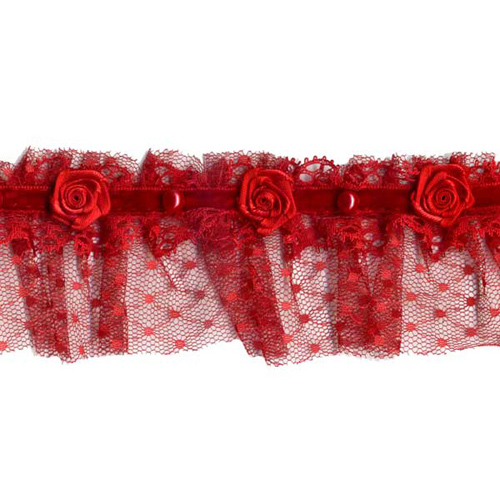 63033 Lace Nylon Frilled 50mm Red With Beads & Roses
