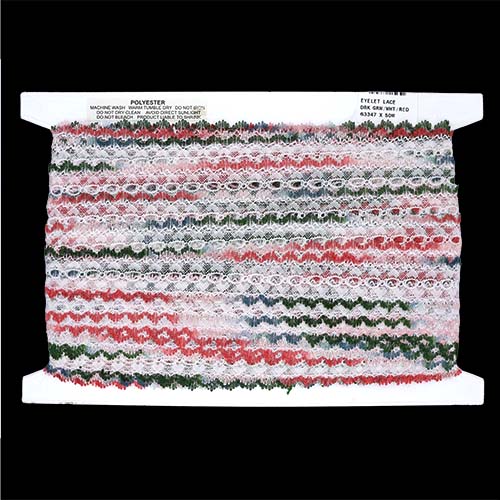 63347 Sullivans Eyelet Lace 40mm Green/white/red 50mt Card