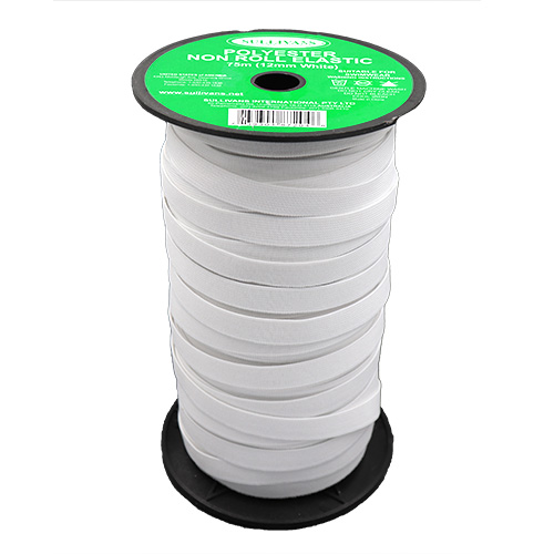 87204 Sullivans 12mm Non Roll Polyster Elastic - White  75mts