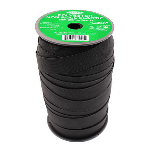 87209 Sullivans 25mm Non Roll Polyster Elastic - Black 50mts
