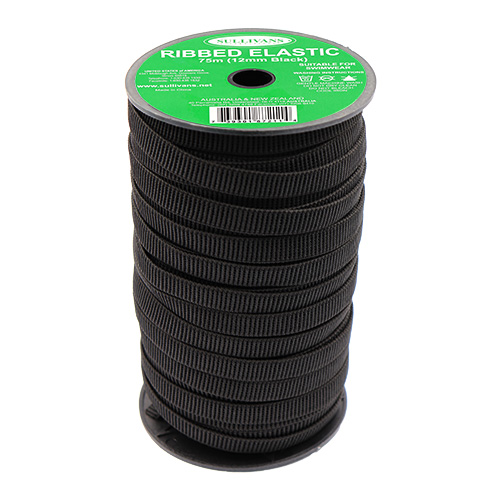 87211 Sullivans 12mm Non Roll Ribbed Elastic - Black 75mts