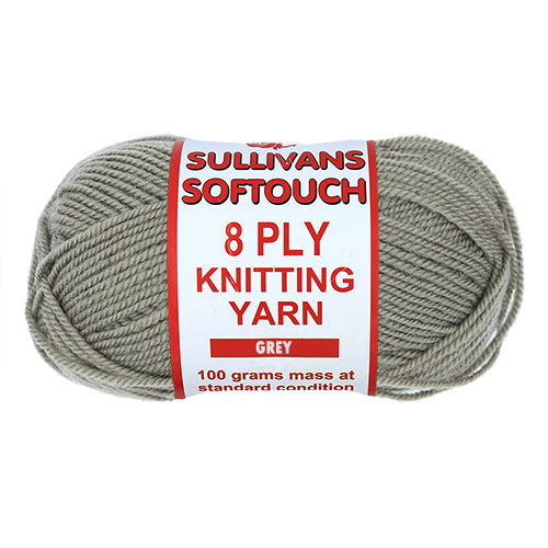 89212 Sullivans 8ply Polyster Softouch Knitting Yarn - 100g - Grey