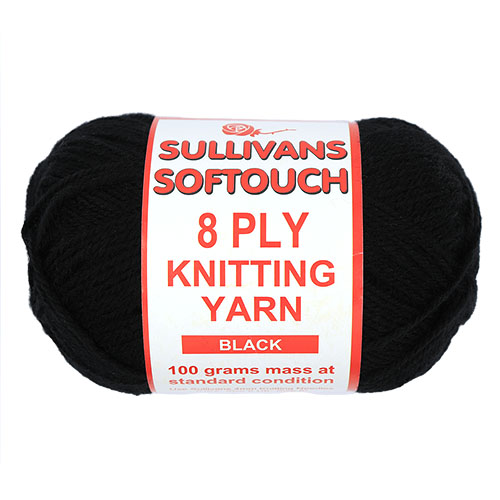 89218 Sullivans 8ply Polyster Softouch Knitting Yarn - 100g - Black