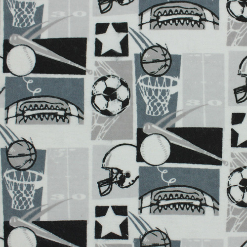 99766 Sullivans Flannelette Fabric - 108cm Wide - Grey Featuring Sporting Equipment And Balls