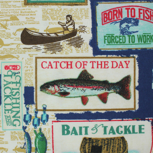 99775 Sullivans Flannelette Fabric - 108cm Wide - Blue With Fishing Badges