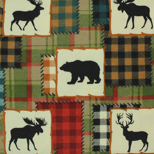 99776 Sullivans Flannelette Fabric - 108cm Wide - Patchwork With Bear. Moose And Deer