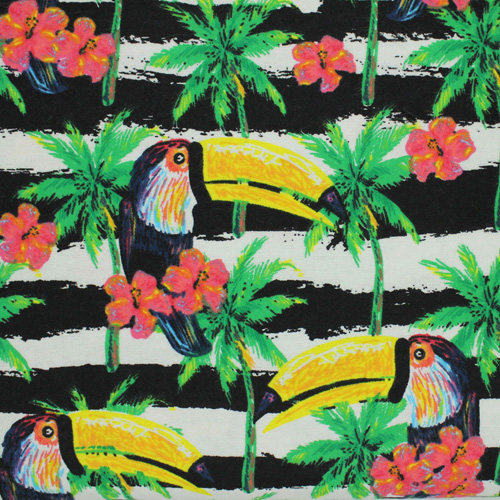 99779 Sullivans Flannelette Fabric - 108cm Wide - Black And White Stripes With Toucans