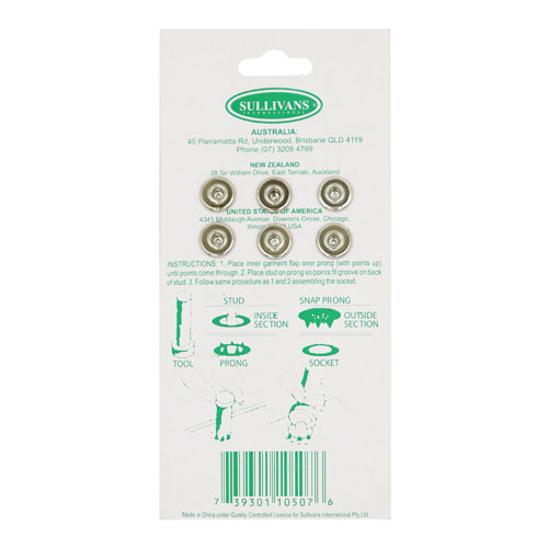 10507 Sullivans 12mm Metal Snap Fastener With Tool - Silver