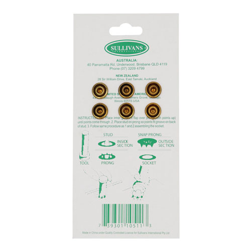 10511 Sullivans 12mm Metal Snap Fastener With Tool - Gold