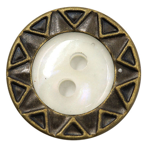 14910 Sullivans 15mm Round Plastic Button 2 Hole White Bordered With Bronze Triangle Pattern - 55 In A Tub
