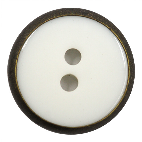14910 Sullivans 15mm Round Plastic Button 2 Hole White Bordered With Bronze Triangle Pattern - 55 In A Tub
