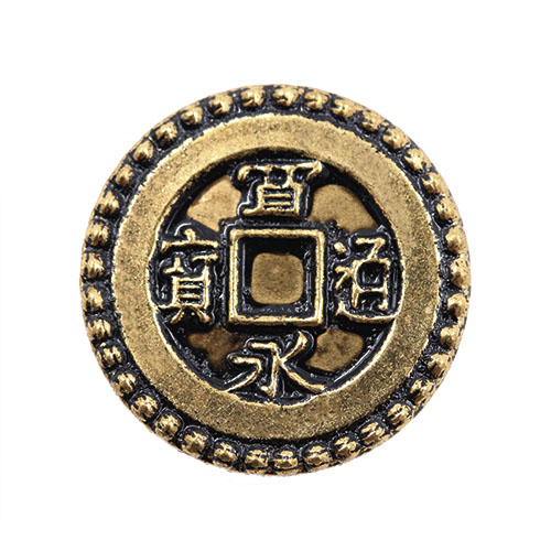 16980 Sullivans 15mm Round Metal Button With Japanese Characters - Old Gold - 23 In A Tube