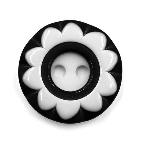 19257 Sullivans 15mm Round Plastic Button 2 Hole  - Black With White Flower Impression - 75 In A Tube 