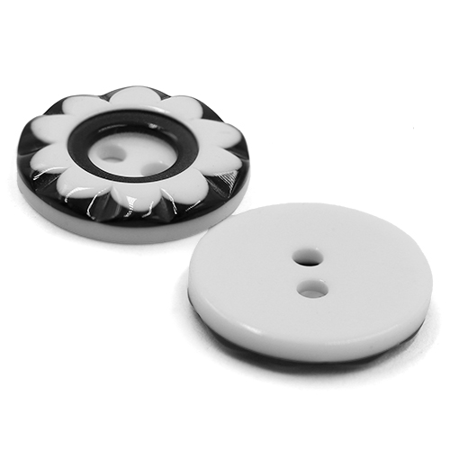 19257 Sullivans 15mm Round Plastic Button 2 Hole  - Black With White Flower Impression - 75 In A Tube 