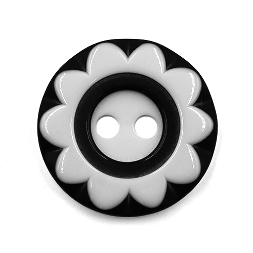 19259 Sullivans 25mm Round Plastic Button 2 Hole  - Black With White Flower Impression - 35 In A Tube 