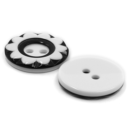 19259 Sullivans 25mm Round Plastic Button 2 Hole  - Black With White Flower Impression - 35 In A Tube 