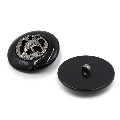 19443 Sullivans 30mm Round Plastic Shank Button With Metallic Pattern - Black - 20 Per Tube