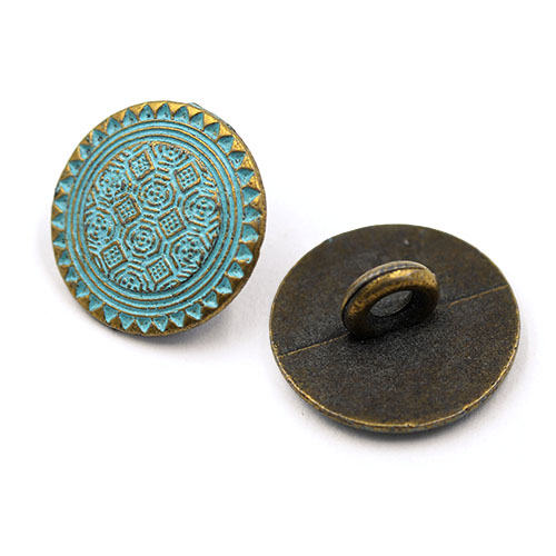 19584 Sullivans 15mm Round Metal Shank Button With Filigree Pattern - Blue/copper - 21 In A Tube