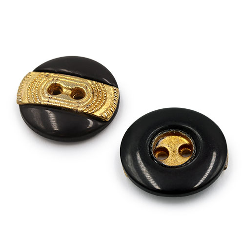 19607 Sullivans 15mm Round Metal Button With Two Holes - Thick Gold Strip - Black - 26 In A Tube