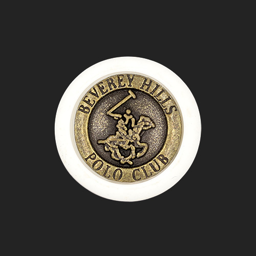 20579 Sullivans 20mm Round Plastic Shank Button - Bronze Centre Inscribed- Beverley Hills Polo Club - Whit