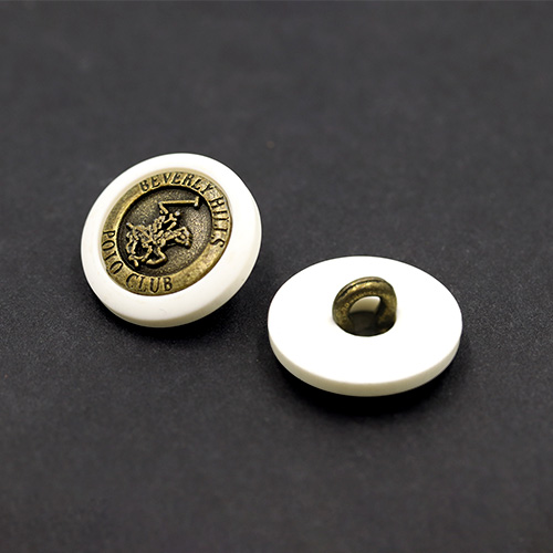 20579 Sullivans 20mm Round Plastic Shank Button - Bronze Centre Inscribed- Beverley Hills Polo Club - Whit