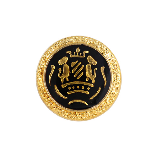 22829 Sullivans 15mm Round Plastic Shank Button - Black With Gold Emblem And Border - 28 In A Tube