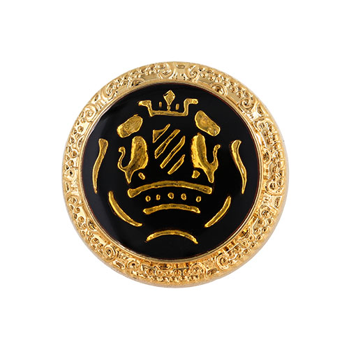 22830 Sullivans 21mm Round Plastic Shank Button - Black With Gold Emblem And Border - 18 In A Tube