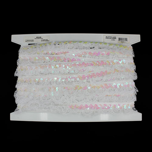 60798 Lace Stretch Frilled Plus Sequins - 26mm White
