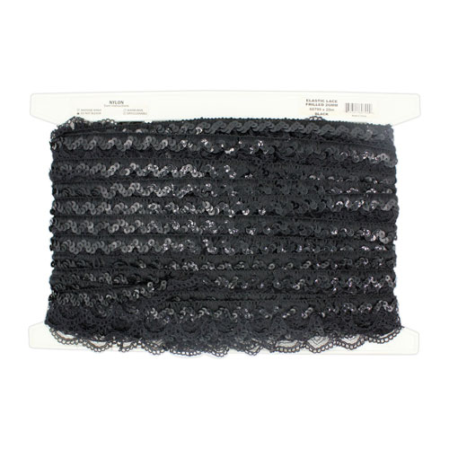 60799 Lace Stretch Frilled Plus Sequins - 26mm Black