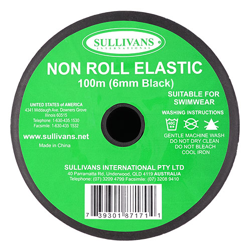 87171 Sullivans 6mm Non Roll Elastic - 100m -black