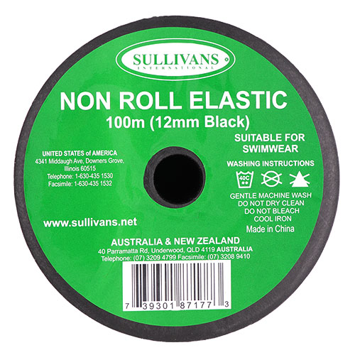 87177 Sullivans 12mm Non Roll Elastic - 100m -black