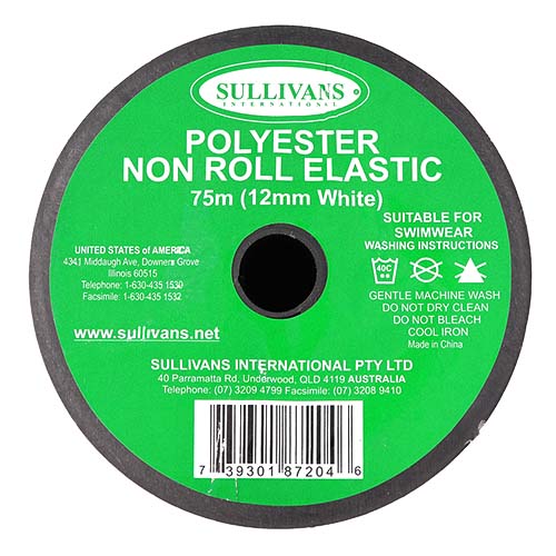 87204 Sullivans 12mm Non Roll Polyster Elastic - White  75mts