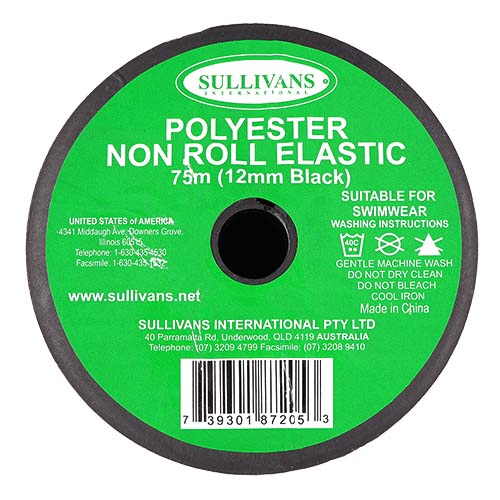 87205 Sullivans 12mm Non Roll Polyster Elastic - Black  75mts
