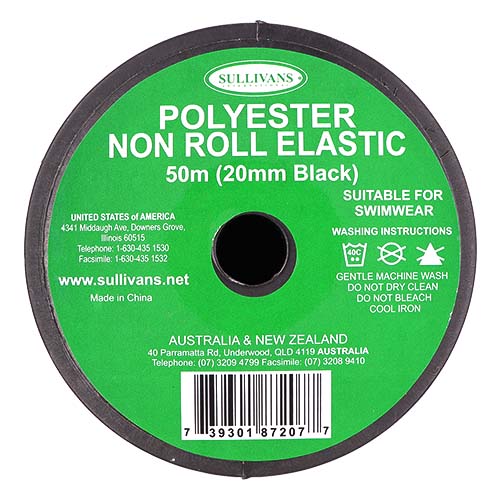 87207 Sullivans 20mm Non Roll Polyster Elastic - Black 50mts