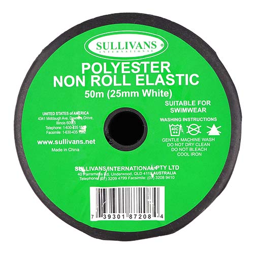 87208 Sullivans 25mm Non Roll Polyster Elastic - White 50mts