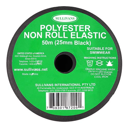 87209 Sullivans 25mm Non Roll Polyster Elastic - Black 50mts