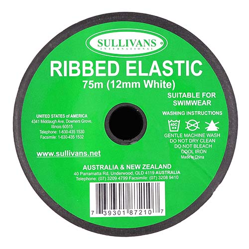 87210 Sullivans 12mm Non Roll Ribbed Elastic - White 75mts