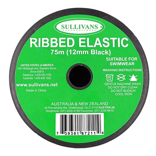 87211 Sullivans 12mm Non Roll Ribbed Elastic - Black 75mts