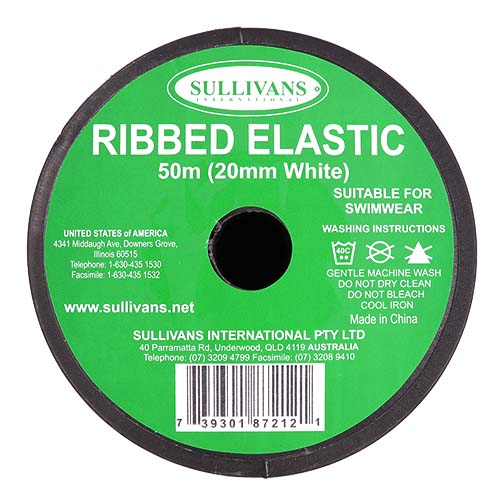 87212 Sullivans 20mm Non Roll Ribbed Elastic - White 50mts