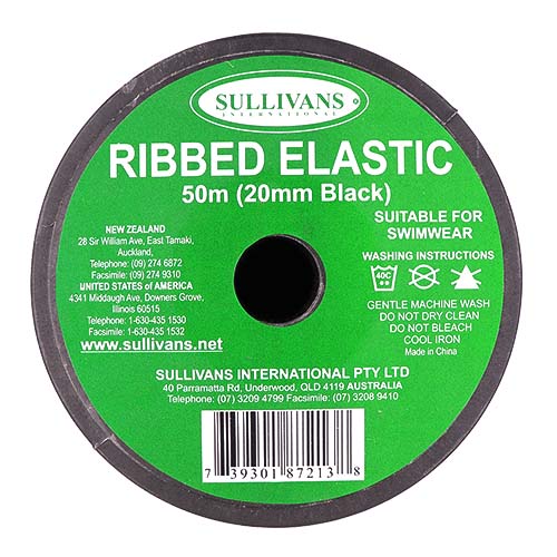 87213 Sullivans 20mm Non Roll Ribbed Elastic - Black 50mts