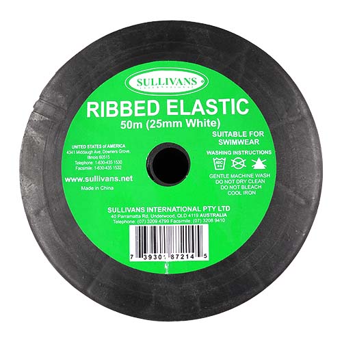 87214 Sullivans 25mm Non Roll Ribbed Elastic - White 50mts