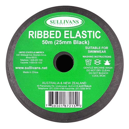 87215 Sullivans 25mm Non Roll Ribbed Elastic - Black 50mts
